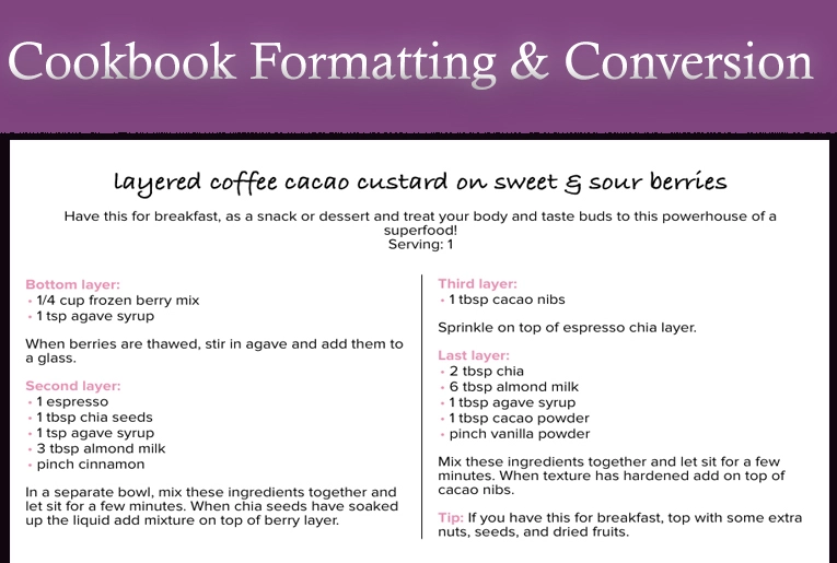 Cookbook Formatting and Conversion services